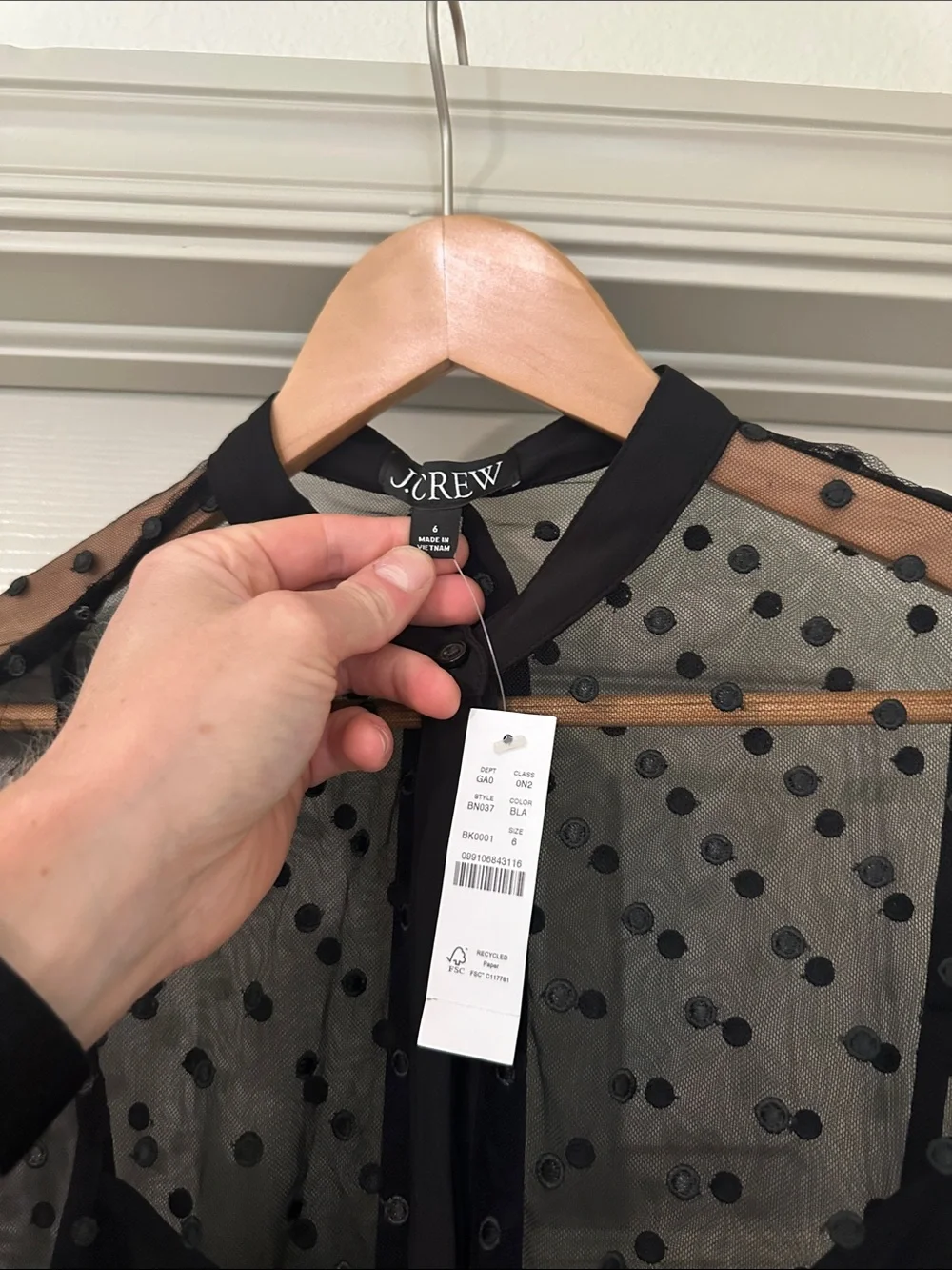 J. Crew Black Sheer Polka-Dot Tie-Neck Blouse